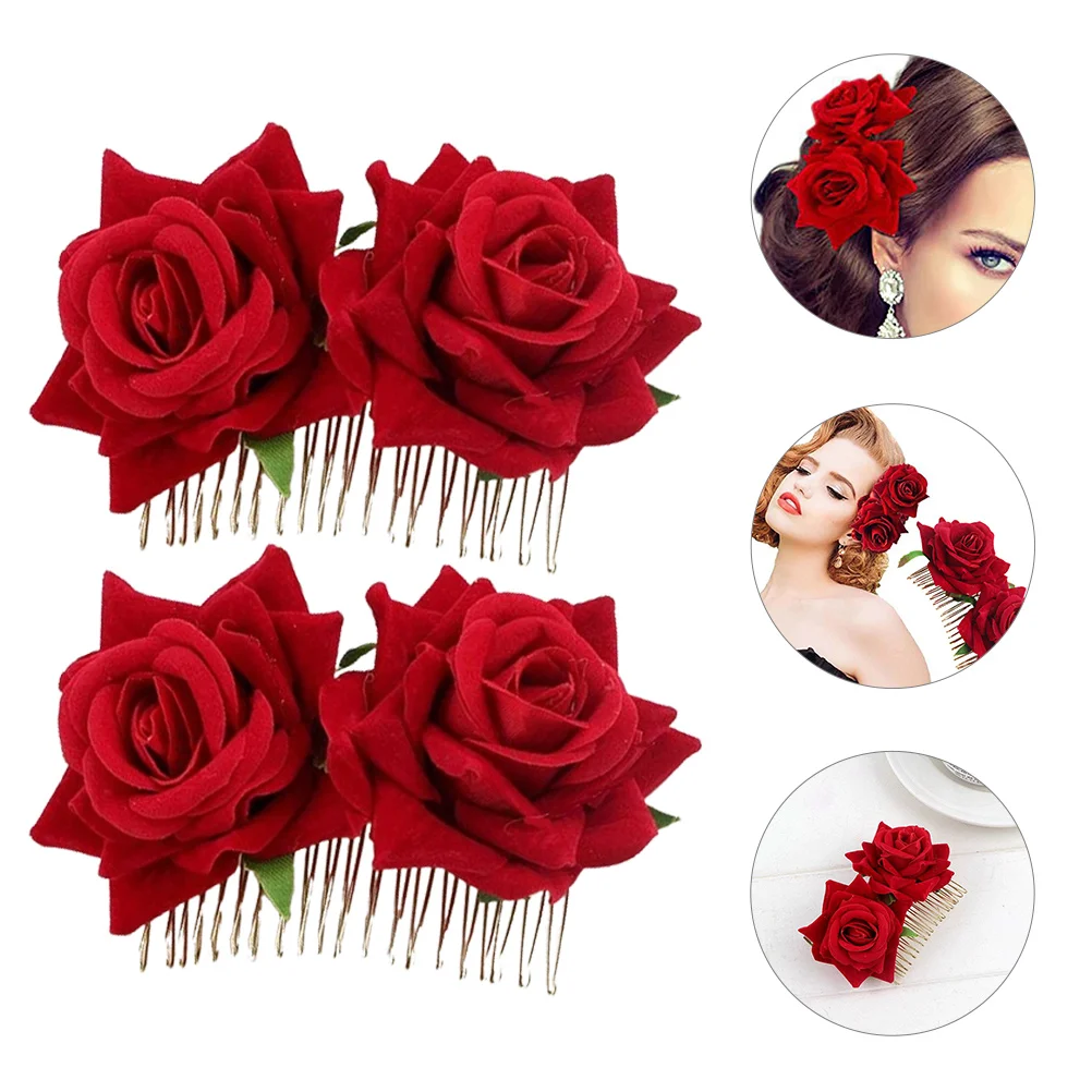 

2 Pcs Rose Hair Comb Headdress Clips for Wedding Bride Veil Pearl Face Gems Toppers Flower Bridal Accessories up