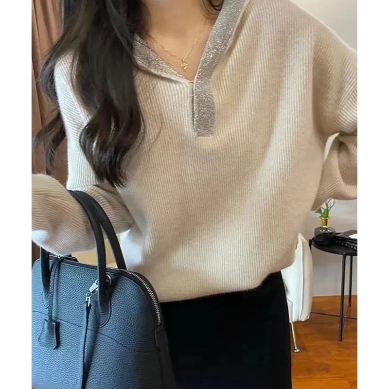 Chic sequin hooded cashmere knitwear women's fall/winter pullover hoodie top lazy loose wool hoodie