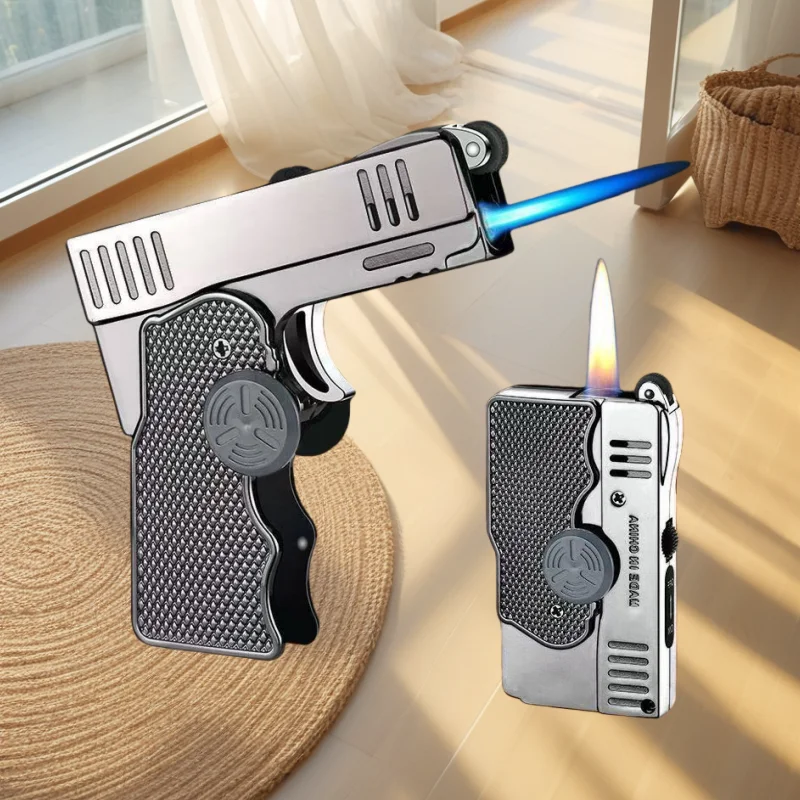 Windproof Gyroscope Variant Dual Flame Lighter Metal Fashionable Folding Gun Dual-use Inflatable Lighter Trendy Men's Gift - Detail 1