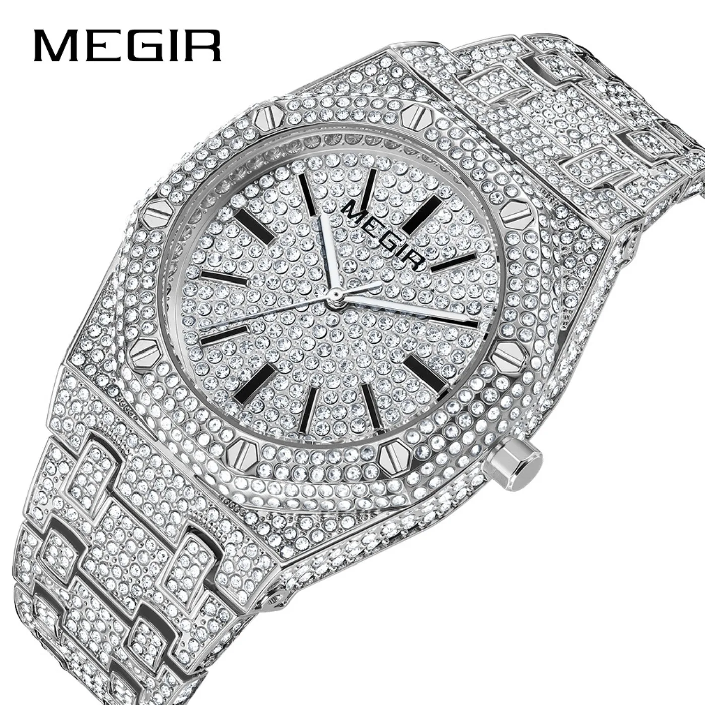 MEGIR Luxury Quartz Rhinestone Watch for Men Golden Clock Stainless Steel Waterproof Man Wristwatch Top Brand Business Watches view 2