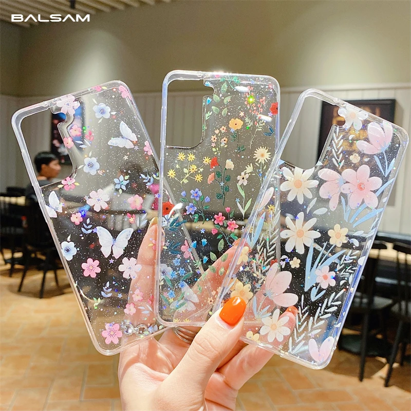 Fashion Flower Glitter Clear Soft TPU Case For Samsung Galaxy S22 S21 S20FE Plus Note 20 Ultra A73 A22 A32 A53 A72 A42 A13 Cover