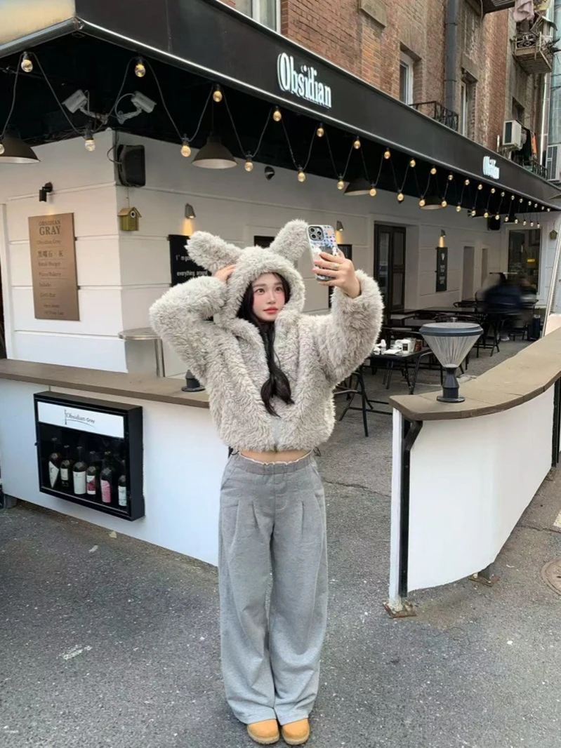 Korean Style Simple Plush Design Hooded Rabbit Ear Open Cardigan Top Autumn Gentle Loose Lamb Fur Jacket Women's Short Coat