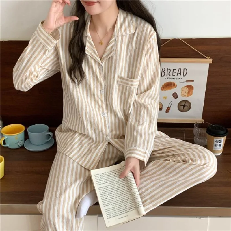 Spring and Autumn Pajamas New Long-sleeved Women's Outerwear High-end Style Bestseller Striped Korean-style Home Wear Set Winter