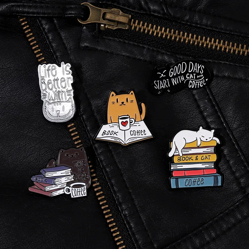 Cute Cat Enamel Pin Book Coffee Badge Brooch Life Is Better with Cat Animals Metal Kitten Lapel Backpack Jewelry Wholesale