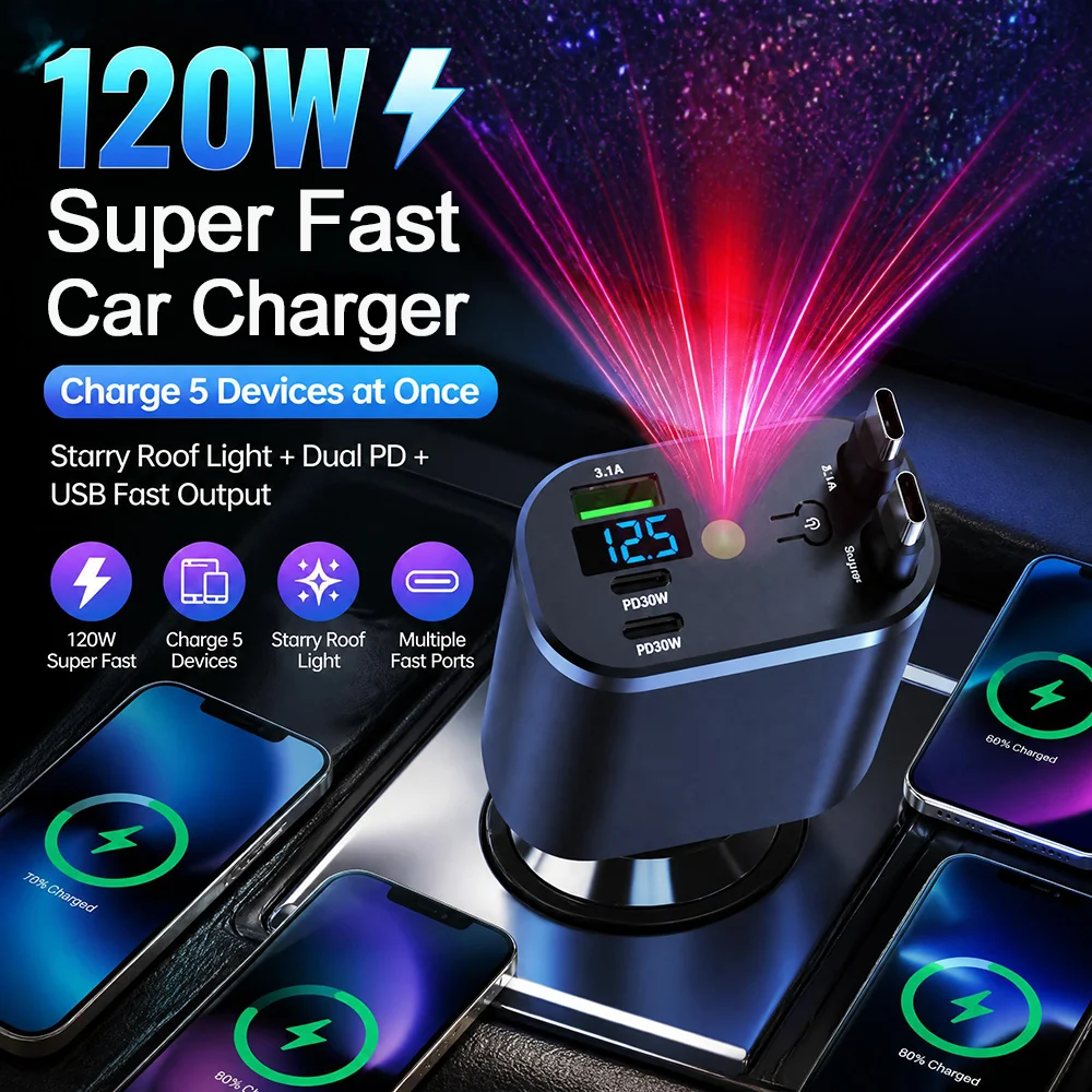 120W Star Sky Roof Car Charger 5‑Port Multi‑Device Fast Car Charger PD30W Digital Voltage Display 180°Cigarette Lighter Adapter