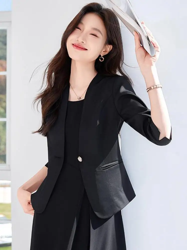 

Весенне-летний новый черный, бежевый, темпераментный пиджак с рукавами семь четвертей, женская белая тонкая рабочая одежда на одной пуговице, короткое пальто