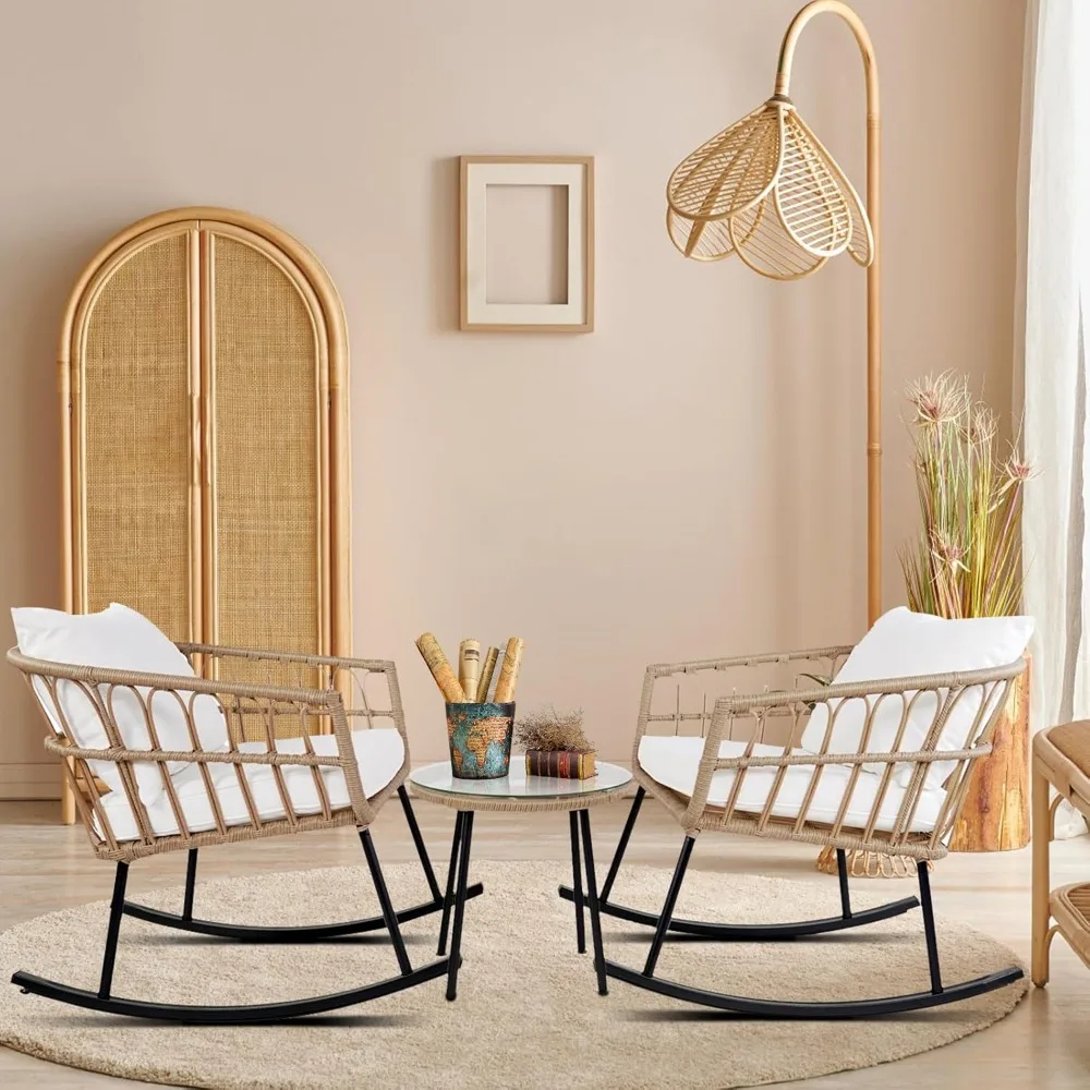 

3 Pieces Rocking Chairs Set, Boho Indoor Outdoor All Weather Woven Rope Table Set, Tan Wicker Chat Set, Rattan Sets