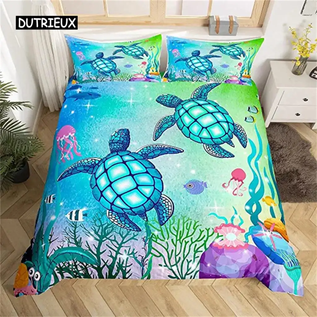 Sea Turtle Duvet Cover Green Blue Ocean Bedding Set Colorful Underwater World for Kids Child Women Nautical Sea Animal Reptile