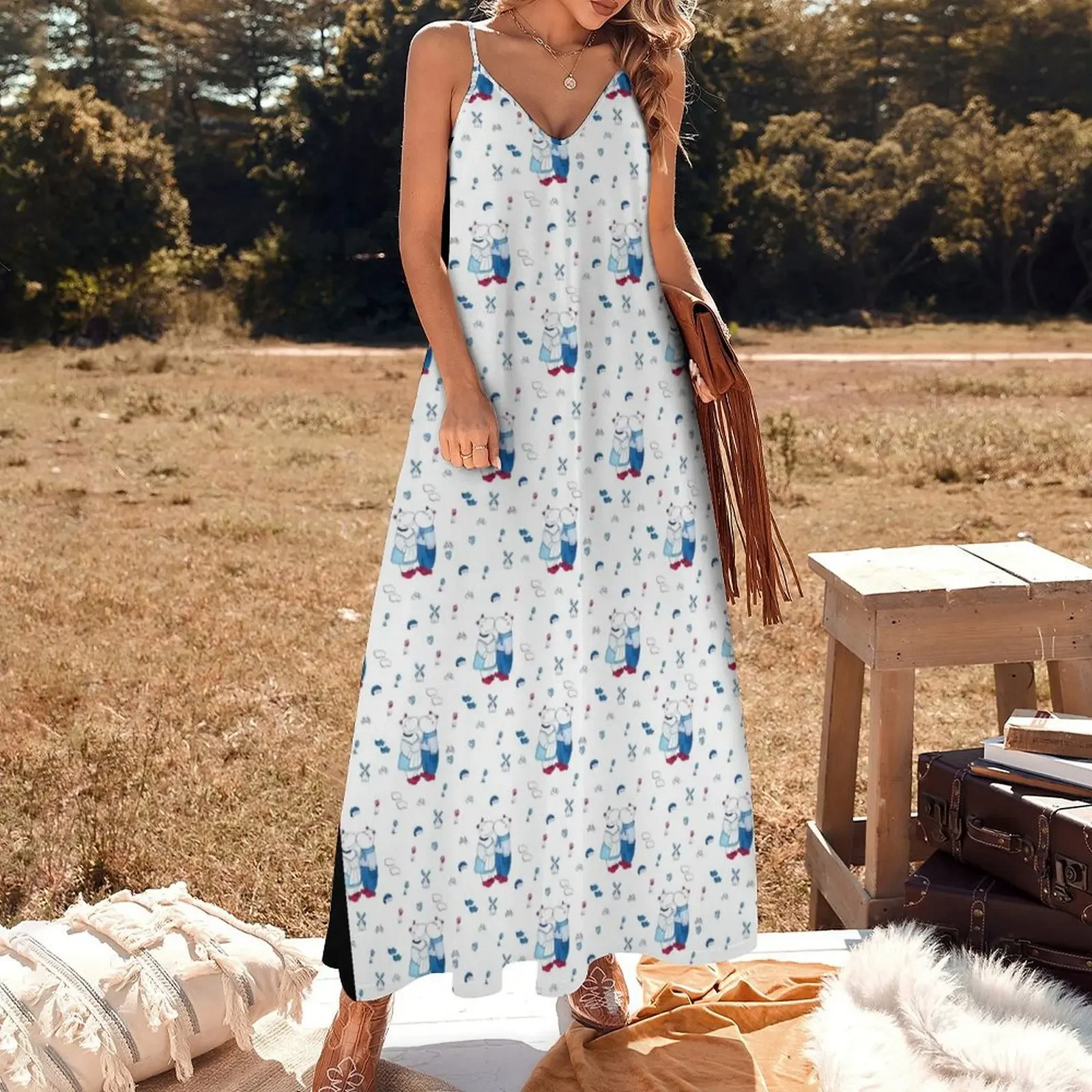 Cute Delft blue print of two kissing hippos Sleeveless Dress loose summer dress dresses for womens women party dresses