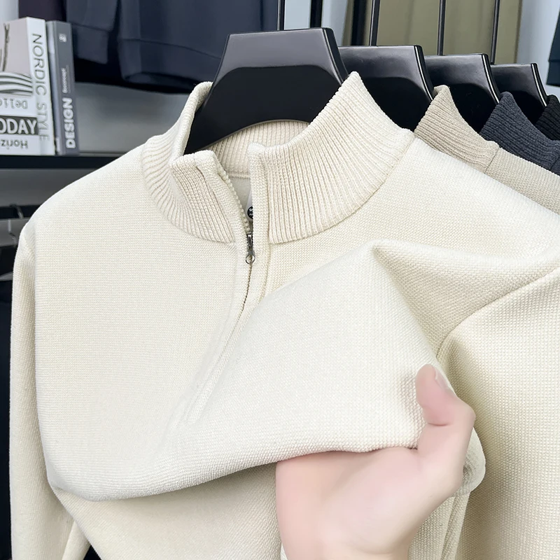 

Half Chain Stand Up Collar European Cotton Fleece Thick Sweater Men's Long Sleeved Autumn and Winter Knitted Warm Top