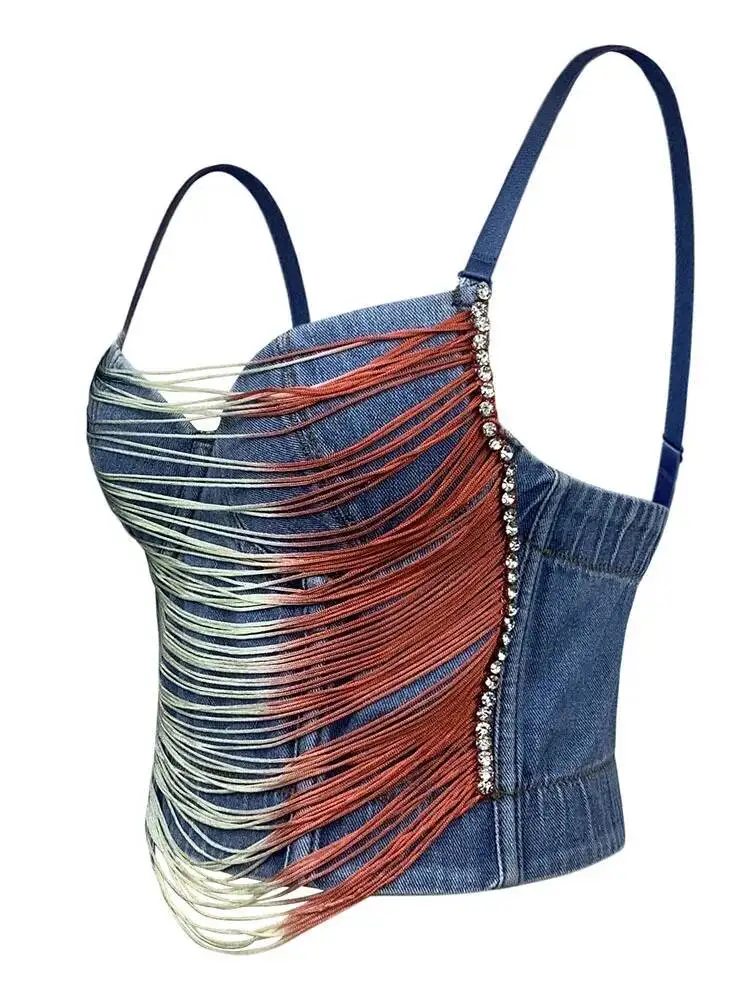 Fashion Women Short Tank Tops Striped Tassel Sling Chain Denim Vest Beading Perform Streetwear Spring 2025 New  7ACM9S