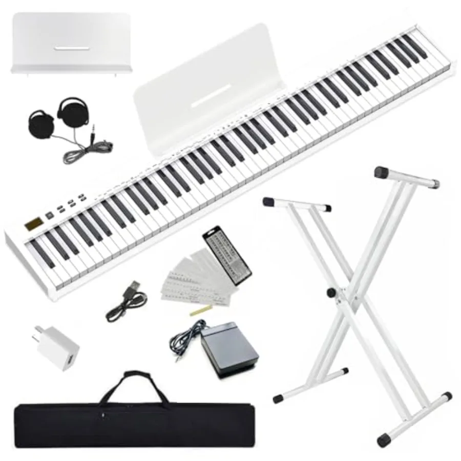 Beginner digital piano set: semi-weighted 88-key compact portable keyboard in SWAN-S white, includes stand, carrying case, sust
