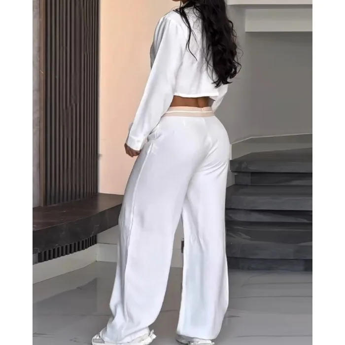 여성 캐주얼 긴팔 루즈핏 투피스 의상 여름 2025 우아한 라펠 버튼 셔츠 & 롱 팬츠 수트 컬러 블록 포켓 세트