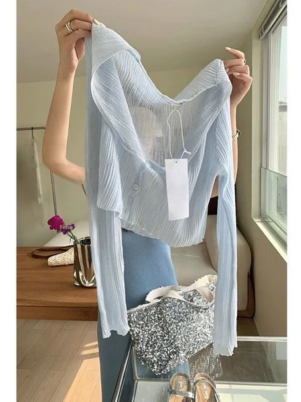 

Blue Thin Knitted Ice Silk Sun Protection Cardigan Women Summer Strap Dresses Outer Air Conditioning Shirt Small Shawl Top