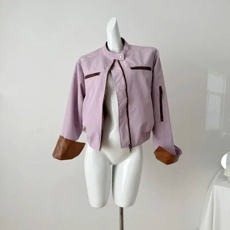

Leather Patchwork Brown and Purple Jacket Autumn for Woman Short Loose Long-sleeved O-neck Office Office Style Windproof Coat