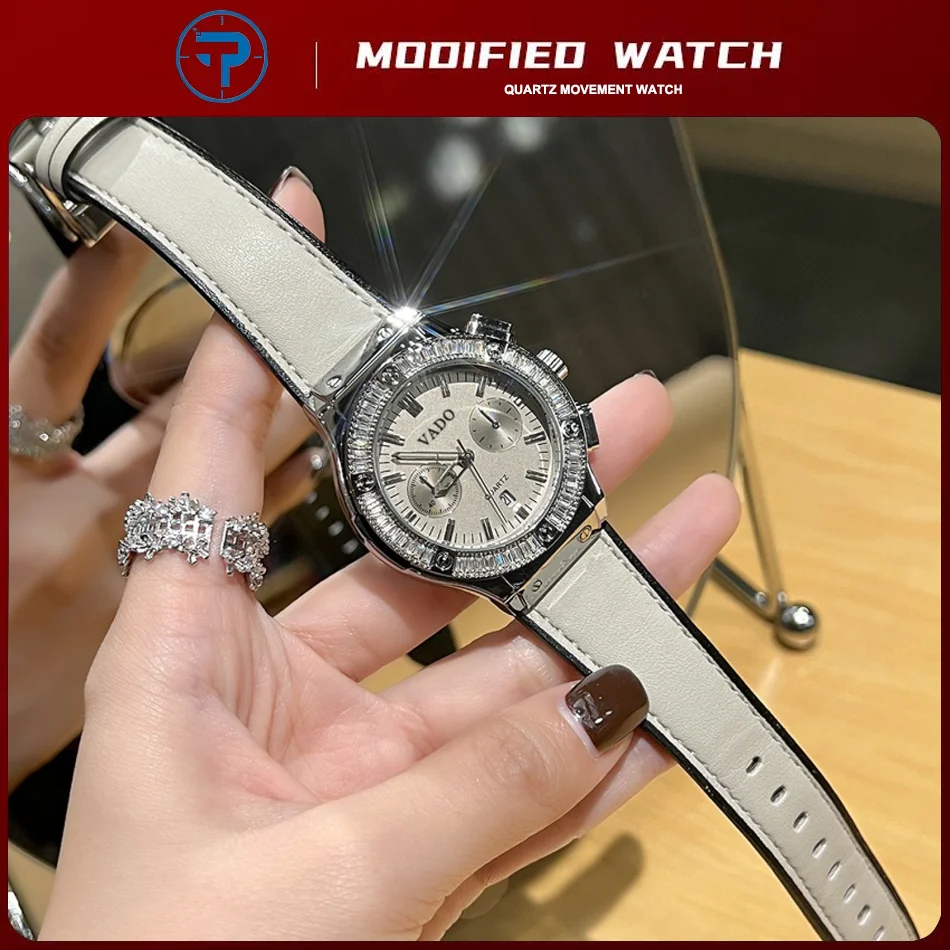 Fashion Second Hand Decoration Dial Women's Quartz Watch Diamond Bezel Leather Band Ladies Dress Watches for Women
