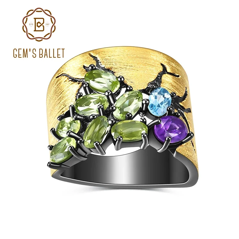 GEM'S BALLET Cocktail Ring 925 Sterling Silver Multi Color Natural Peridot Amethyst Topaz Handmade Rings For Women Fine Jewelry