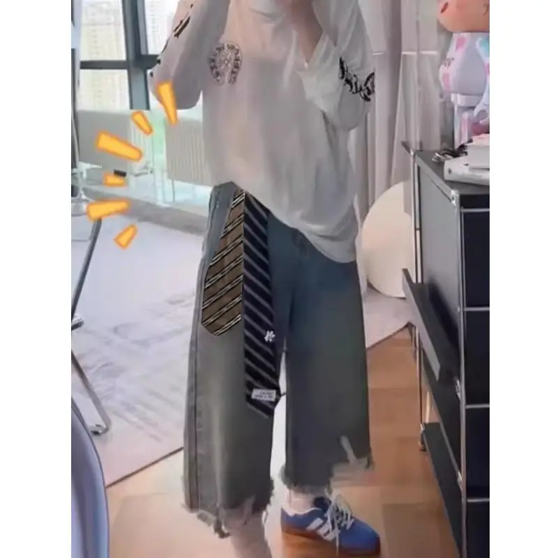 

jeans Women's 2026 Summer New Vintage Irregular Mickey Tie Detail Ripped Raw Hem Straight Cropped Jeans Distressed Denim Pants