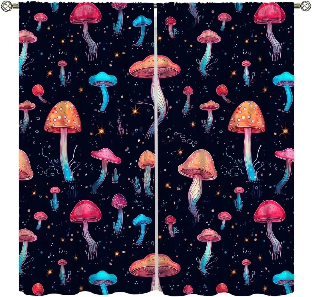 Cute Mushroom Fairy Curtain Set 2pcs Whimsical Boho Tapestry Drapes for Nursery Bedroom Bathroom Home Decoration