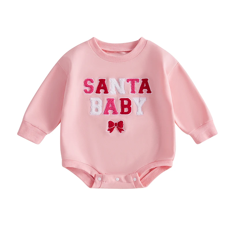 Baby Girls Christmas Sweatshirt Romper Letter Bow Embroidery Bubble Long Sleeve Jumpsuits Newborn Toddler Bodysuits Xmas Clothes