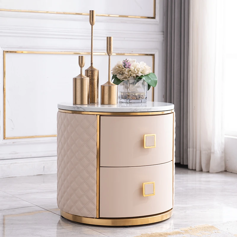 Bedside table round modern simple Italian light luxury marble slate all solid wood palm skin free installation egg-shaped custom