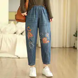 Aricaca Women Casual Denim Summer Pants M-2XL Embroidery Denim Pants For Women