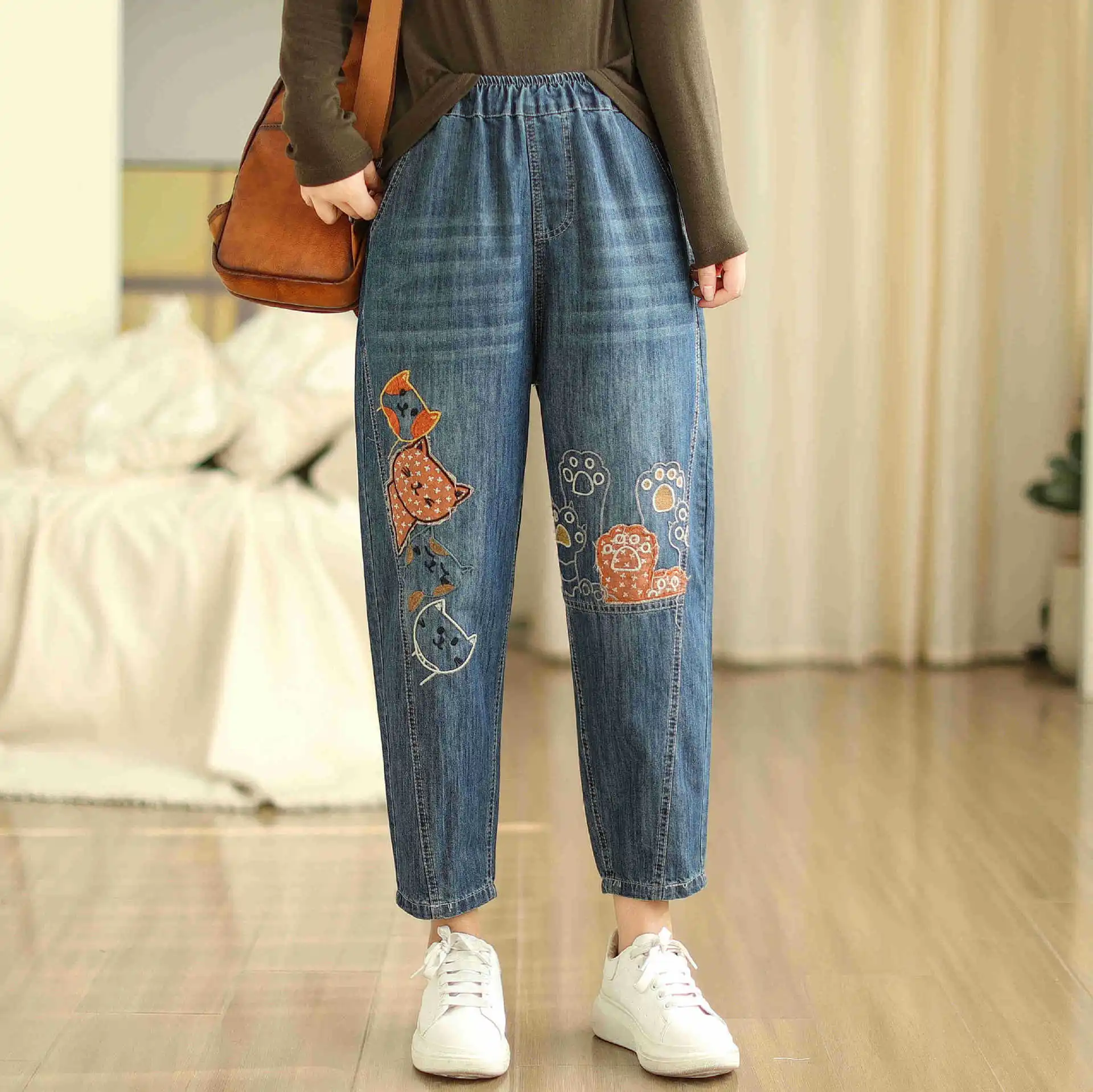 Aricaca Women Casual Denim Summer Pants M-2XL Embroidery Denim Pants For Women