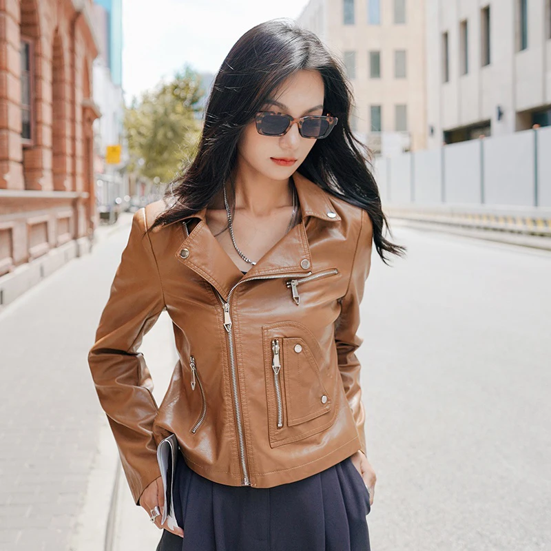 Women Brown Black Slim Short Faux Leather Jacket 2024 Spring Autumn Zipper Lapel Long Sleeve Biker Jackets Streetwear Fashion