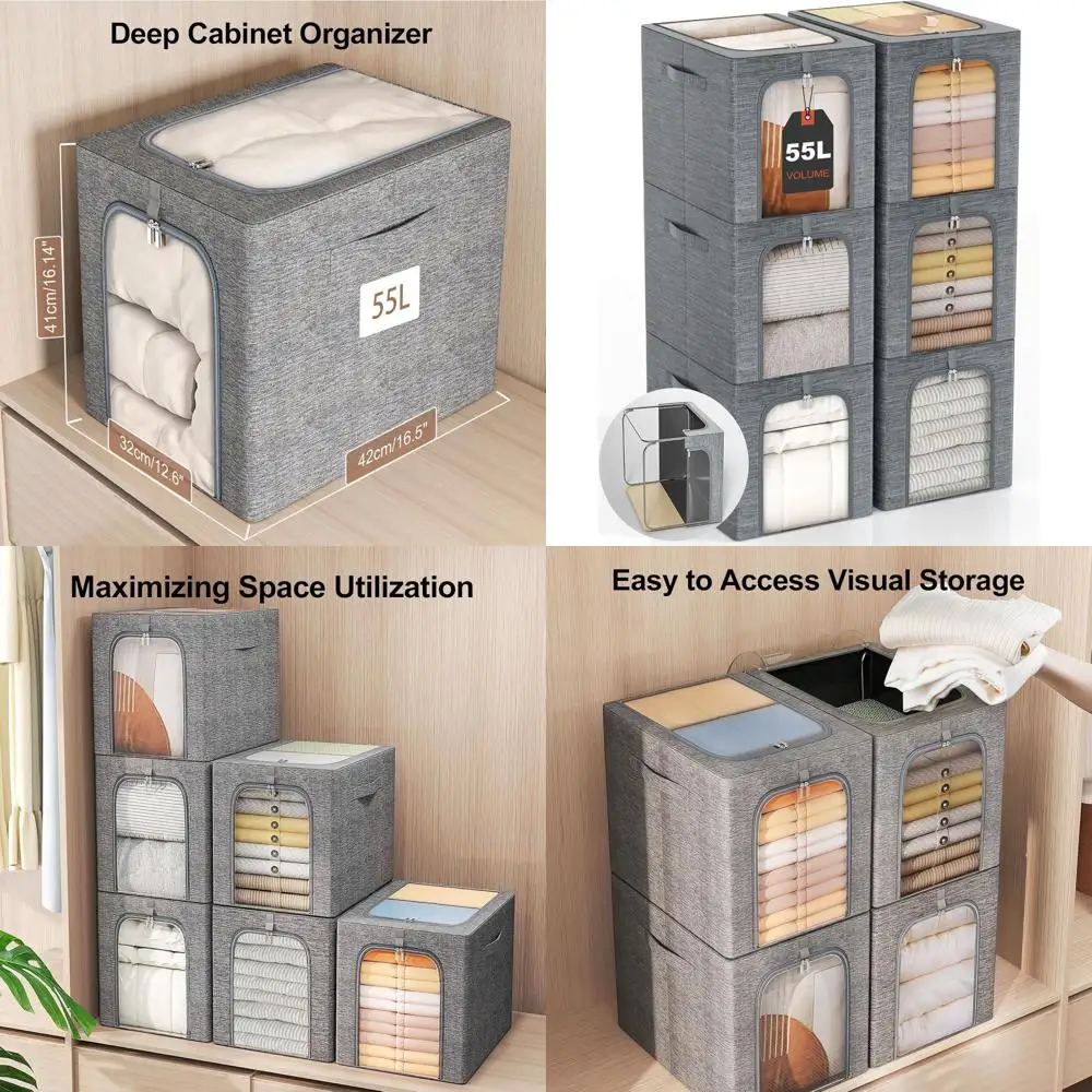 

Extra Large 55L Stackable Metal Frame Closet Bin with Lid and Clear Window for Blankets and Winter Coats
