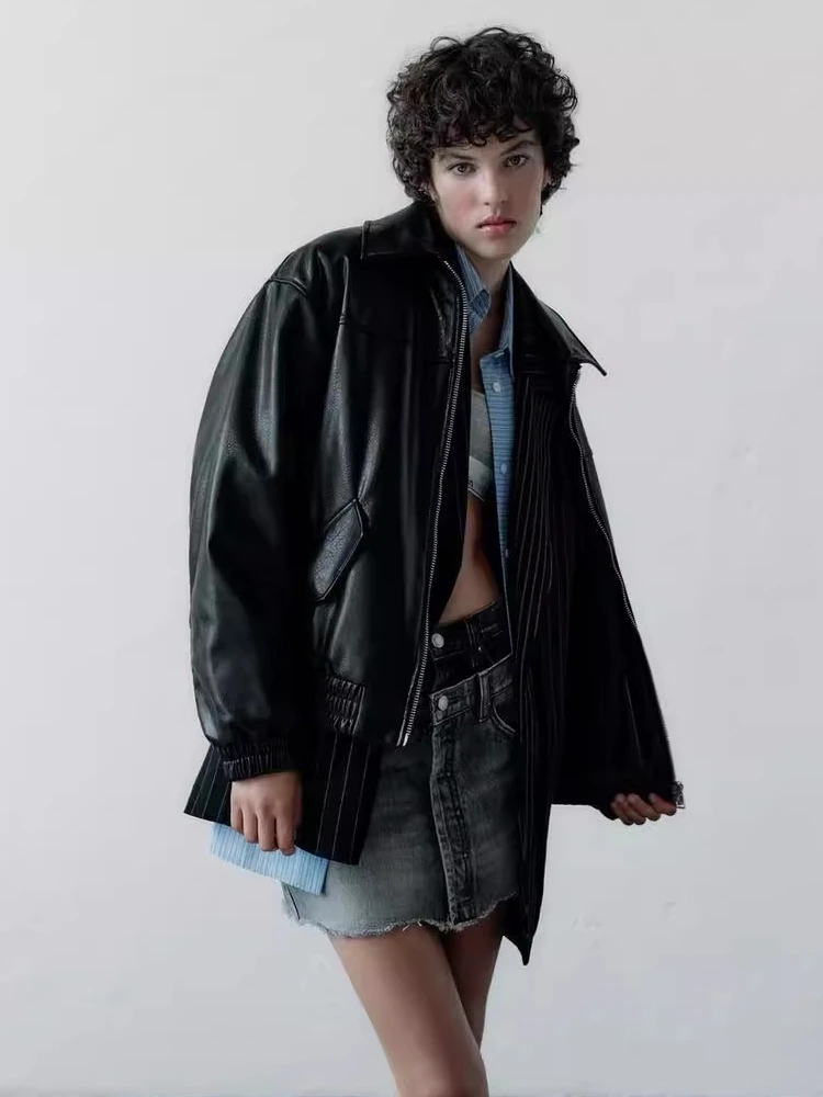 

Fall 2023 New Women's Faux Leather Pilot Jaet Loose Outerwear Sweet Sle Zipper ket Long Sve Water Waed PU Leather