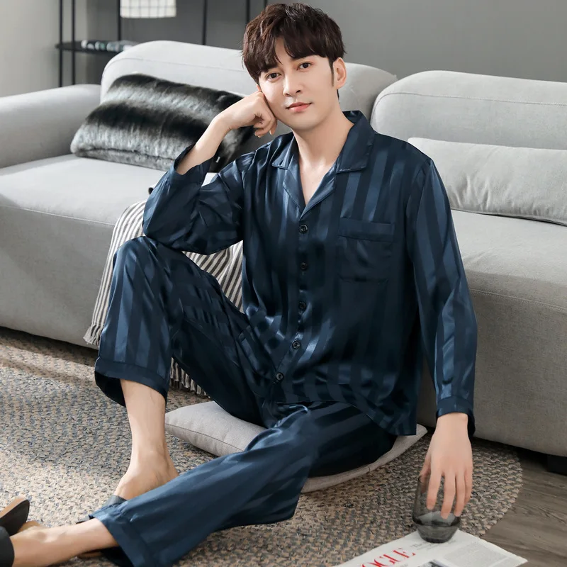 Men's 2 Piece Pajama Set Striped Print Pijama Faux Silk Satin Pyjama Male Sleepwear Long Sleeve Lapel Shirt Pants Suits Homewear