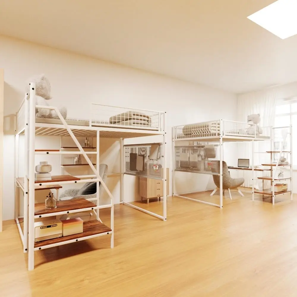 Metal Loft Bed Full Size, Heavy Duty Metal Loft Bed Frame With Staircase, Built-In Charging Station And Led Lighting For