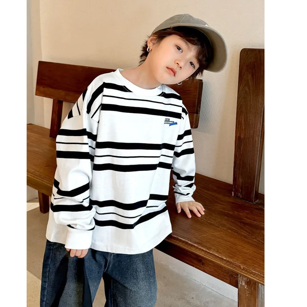 Boys' Striped Print Long Sleeve Shirt Loose Spring And Autumn Bottom Tops Korean Fashionable Handsome Round Neck Sweatshirt