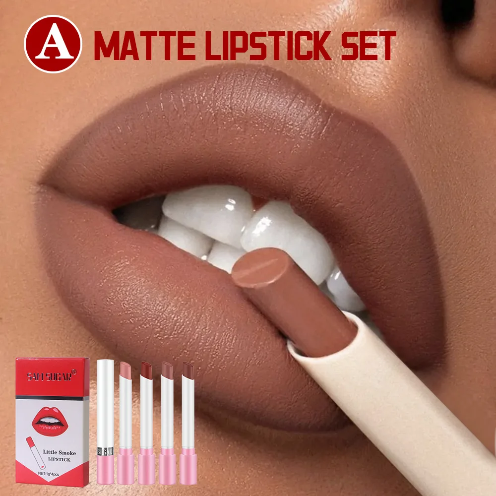 Conjunto de batom de cigarro, 4 peças, brilho pérola, longa duração, veludo fosco, altamente pigmentado, conjunto de maquiagem retrô, presente para mulheres