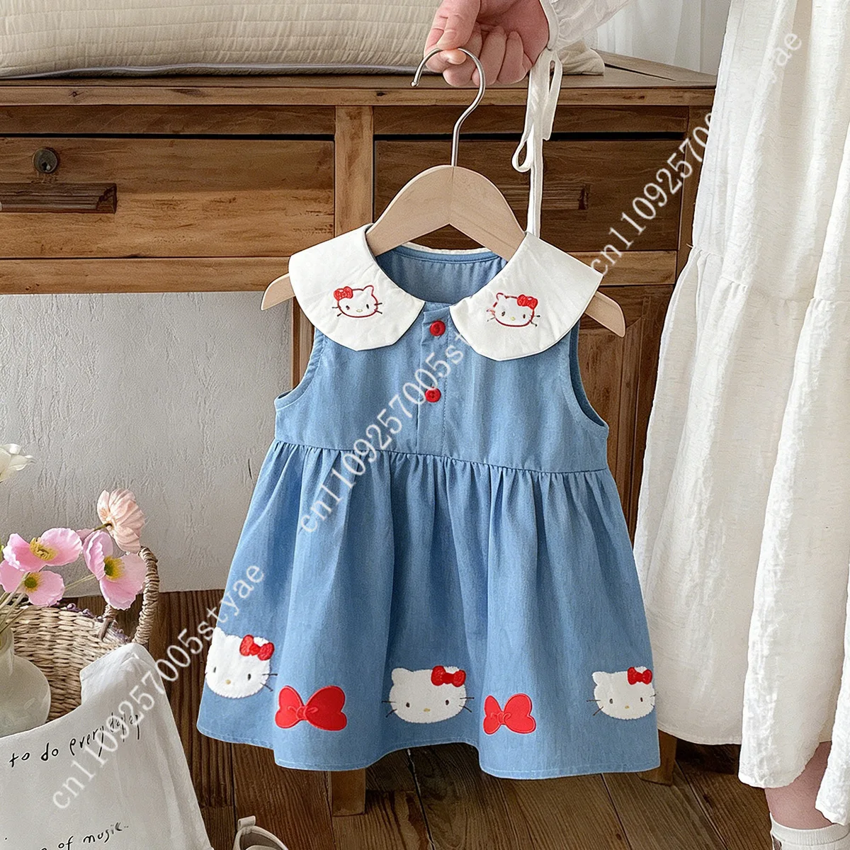 

Peter Pan Collar Hello Kitty Girls Sleeveless Denim Dress Embroidery Kids Casual Sundress with Red Bow Decor