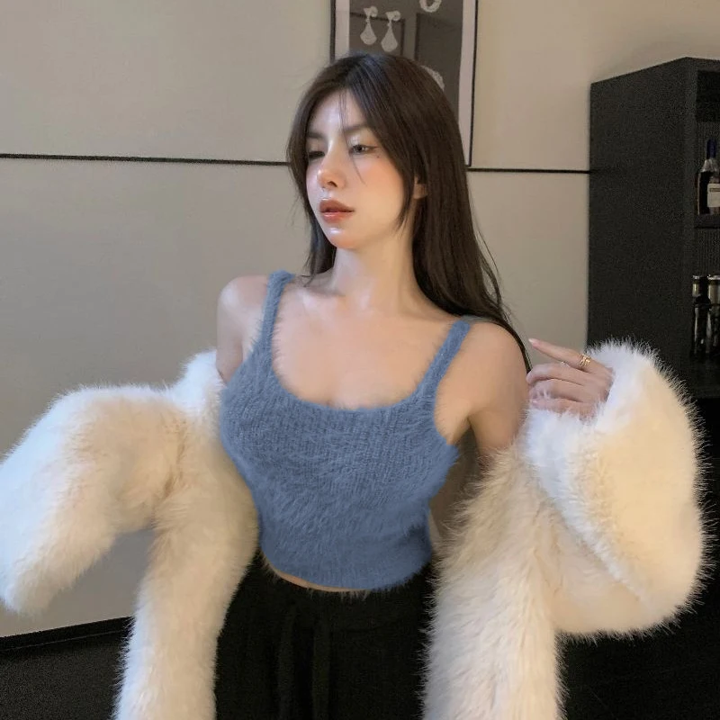 Women Faux Mink Fur Knitted Camisole Vest Cropped Tops Autumn Winter Female Club Party Sleeveless Sweater Tank Tops