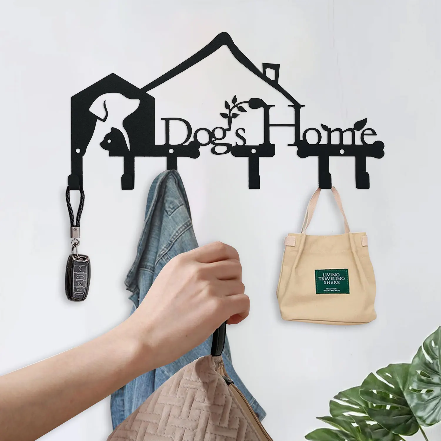 1pc Metal  Cat And Dog Home Sweet Home Sign Wall Hook,Black Key Holder Wall Mount Organizer Rack with 6 Hooks Wall Decorative