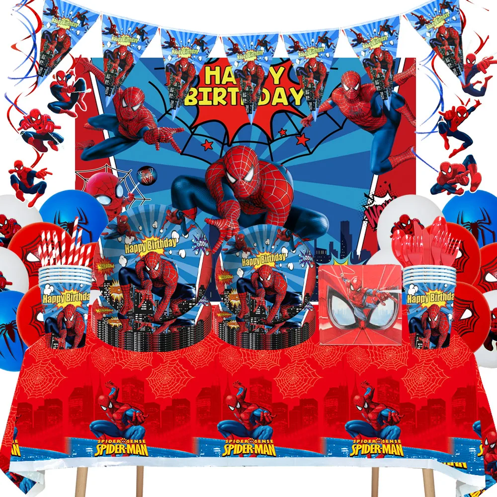 Juego de vajilla desechable de dibujos animados de Spider Man, platos de papel, vasos, globos de recuerdo para niños, fiesta de Baby Shower