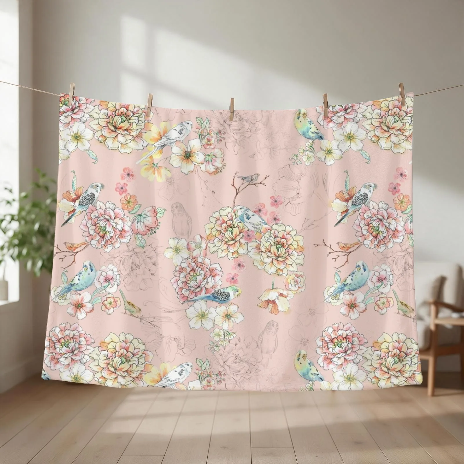 Budgie print Throw Blanket couch cozy soft plush fuzzy picnic outdoor blanket
