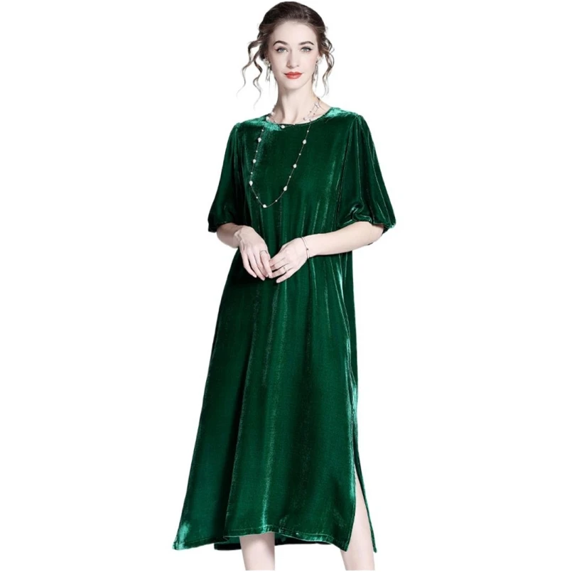 

Velvet Vintage Women Casual Long Dress Oversized O-Neck Lantern Half Sleeves Loose Dress Evening Party Vestidos Dress Side Split