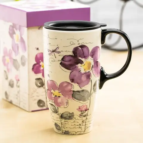 Tall Ceramic Travel Mug 17 oz. Coffee Cups Sealed Lid With Color Box (Purple Flower)