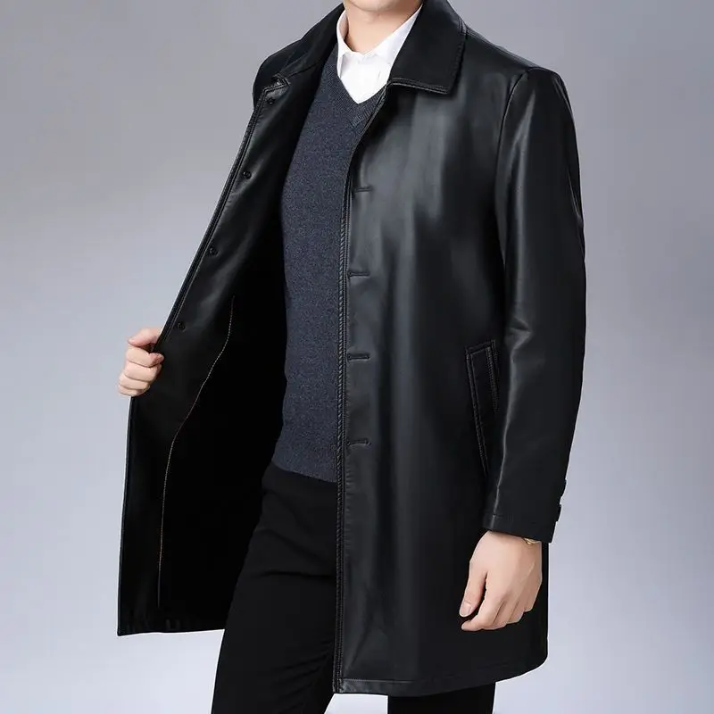 Leather Jacket Men Winter Jacket Men Medium Length Plush Thickened Leather Coat for Men Fur Collar Windbreaker for The Elderly