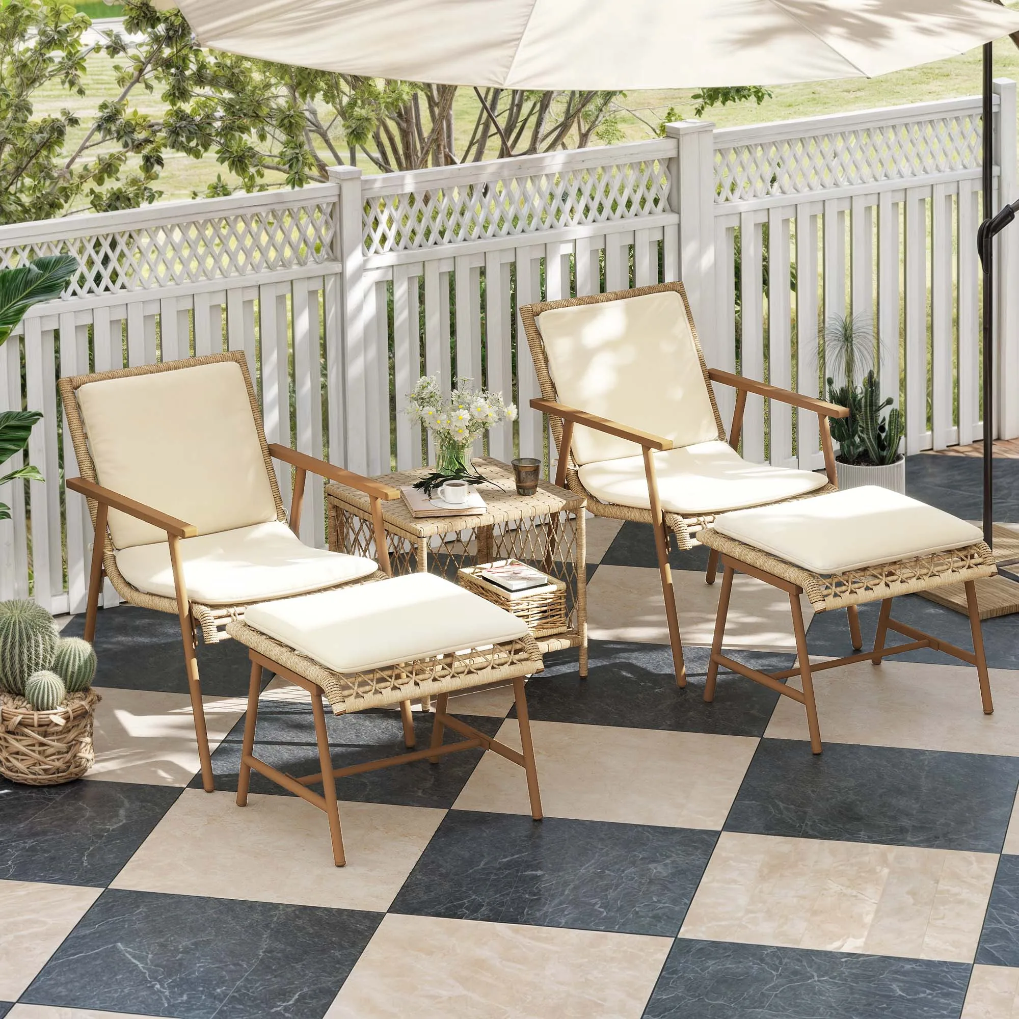 5 Piece Patio Rattan Conversation Set Table Chairs Ottoman Backyard Bistro Set