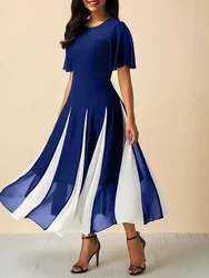 Damska sukienka Plus Size Szyfonowa patchworkowa sukienka z krótkim rękawem Casualowa tunika Sukienka midi Elegancka plisowana sukienka w stylu casual, imprezowa na lato