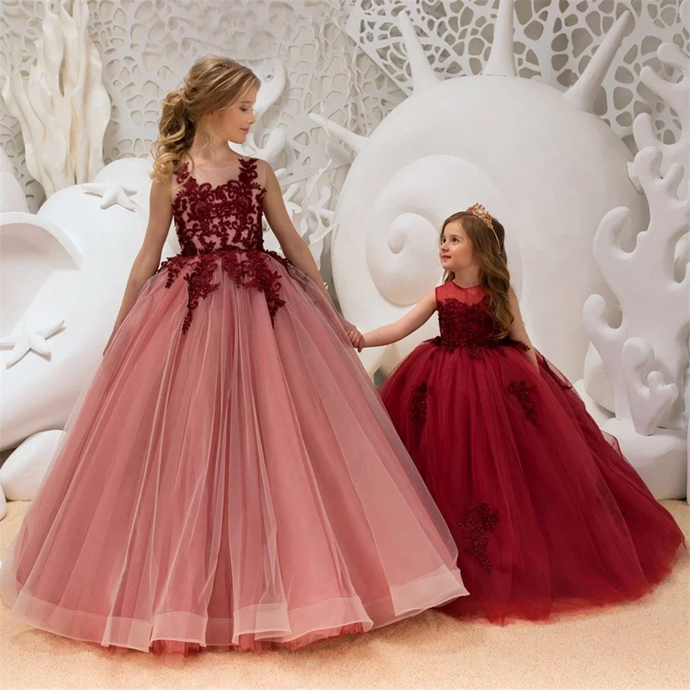 Customised Elegant Pink Flower Girl Dress Princess Ball Classical Sleeveless Tulle Fluffy Lace Printing Kids Birthday Party Gown