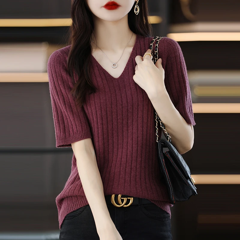 Lâche v-ne glace soie ort Sve T-irt femmes été nouveau Sle tricoté haut de couleur grande taille coréen Sle trajet vent