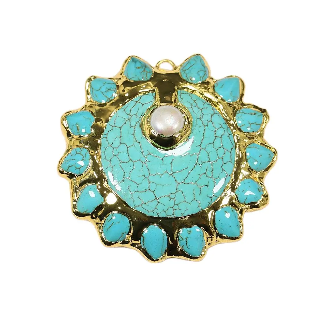 APDGG 1Pc Big 70MM Natural White Pearl Blue Turquoise Sun Flower Gold Plated Pendant Charms For Necklace Jewelry Making DIY