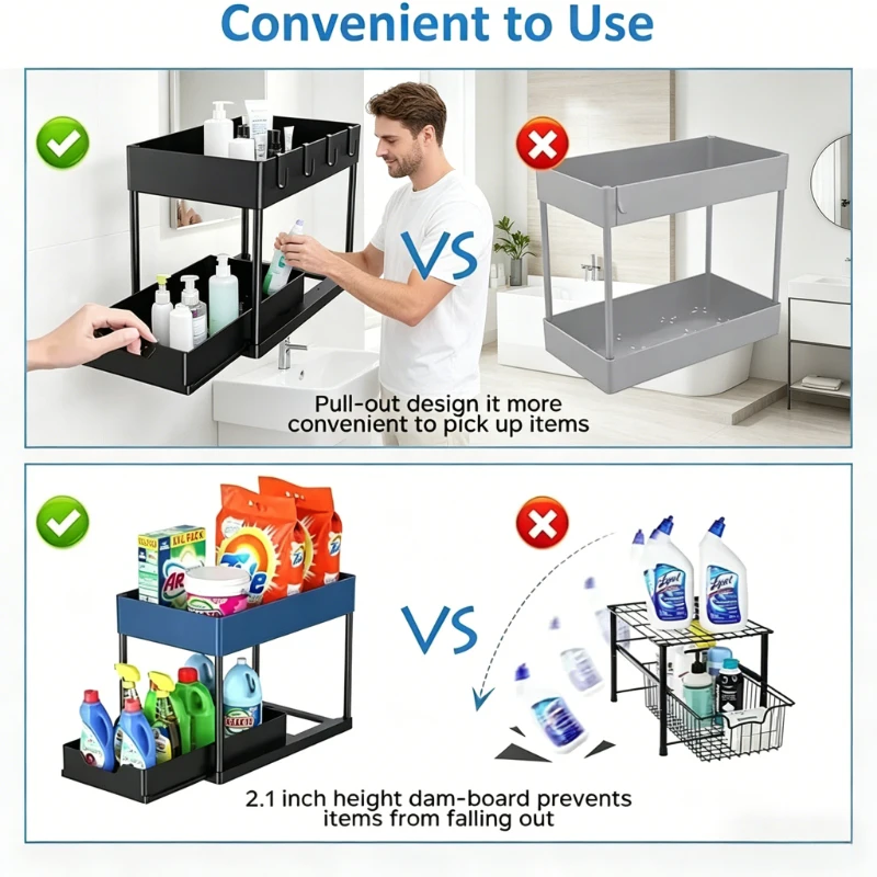 

2-Tier Under Sink Organizer, Sliding Cabinet Basket Storage Rack with Hooks & Hanging Cup for Bathroom & Kitchen