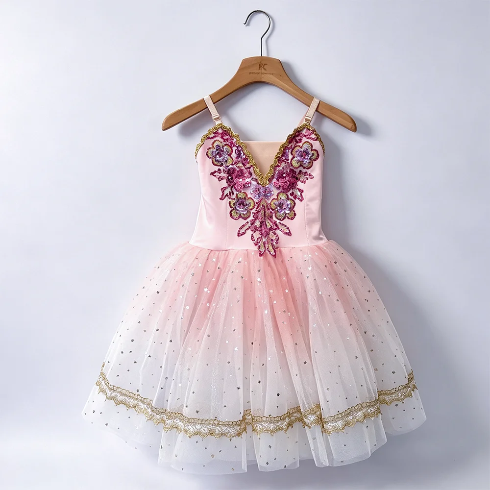 Ballerina Party Dress Children Girl Dance Costumes Gradient Color Flower Sequin Gauzy Professional Romantic Tutu Ballet Dress