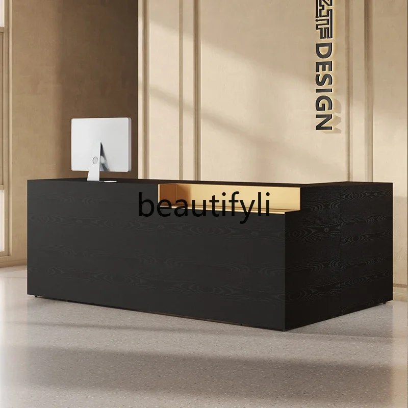 Corner light luxury cashier counter company office front desk hotel L-shaped black reception desk